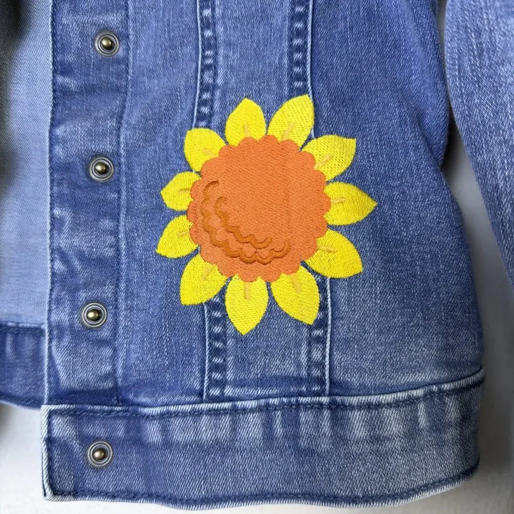 Gymboree Long Sleeve Appliqué Sunflower Girl’s Denim jean Jacket Size 7 sherpa